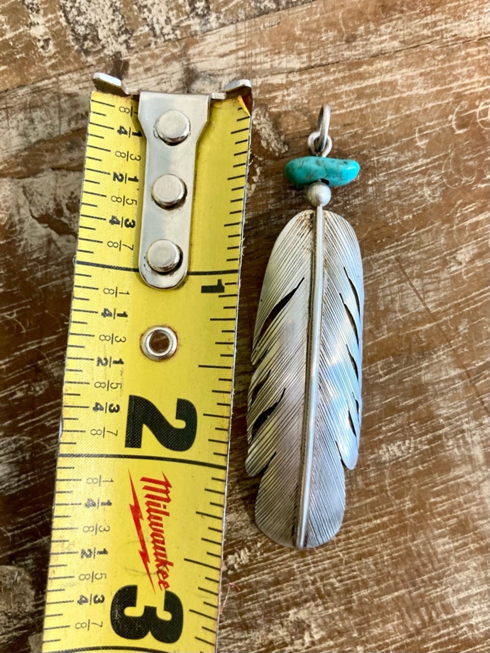 Vintage Sterling Silver HJ Chavez Signed Feather Pendant with Turquoise Accent - Picture 3 of 12
